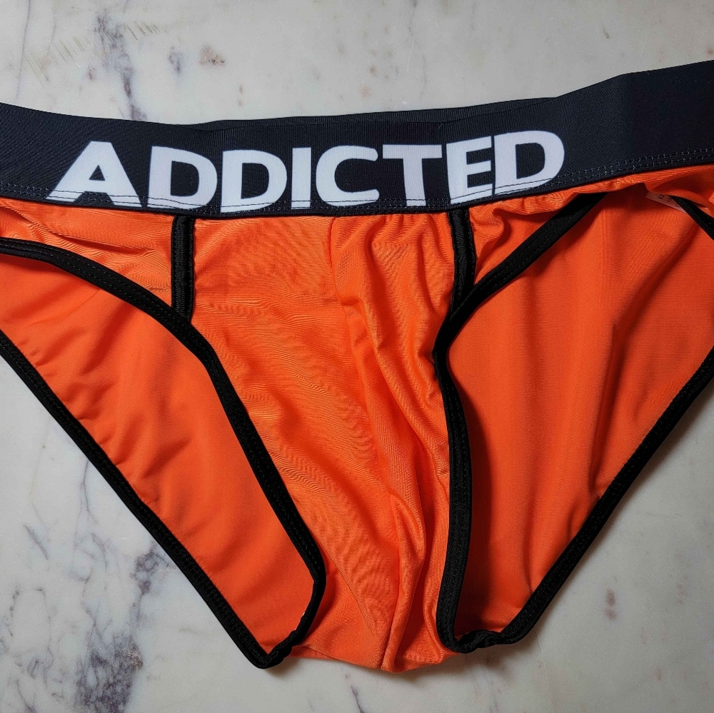 ADDICTED Men Small Triangle Swim Trunks Orange Black